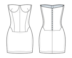Strapless Corset Mini Dress Technical Fashion Illustration. Bustier-Style Bodycon Dress Vector Template. Front and Back View. Structured Bodice. Back Hook-and-Eye Closure. White Color. CAD Mockup.