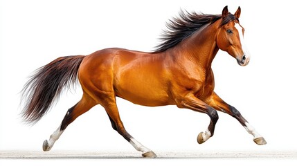 Obraz premium Beautiful brown horse running gracefully against a bright white background