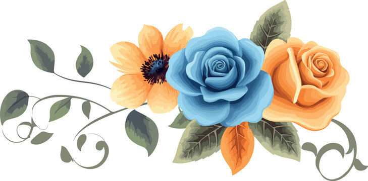 Delicate arrangement of blue rose orange roses and yellow flowers with green leaves on white background - Powered by Adobe