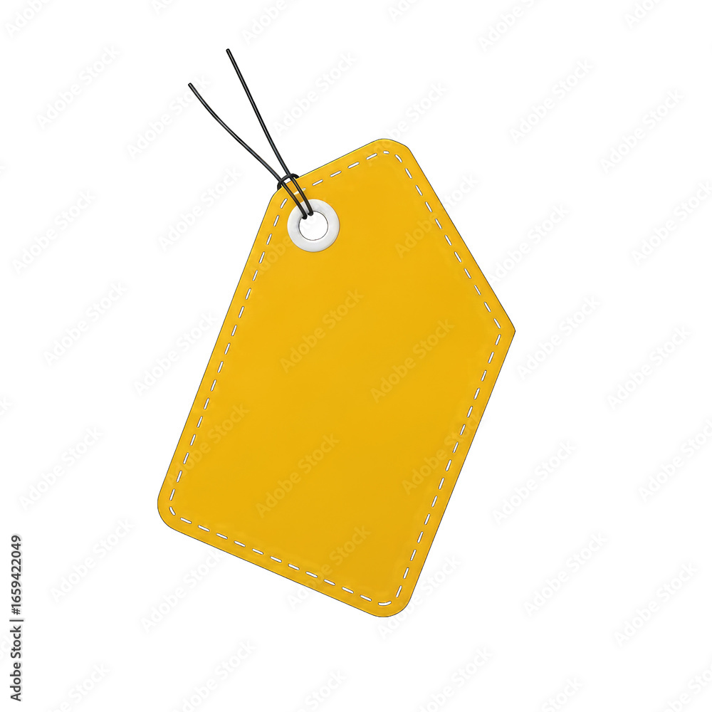 Poster yellow price tag on transparent background with stitched edges and cord