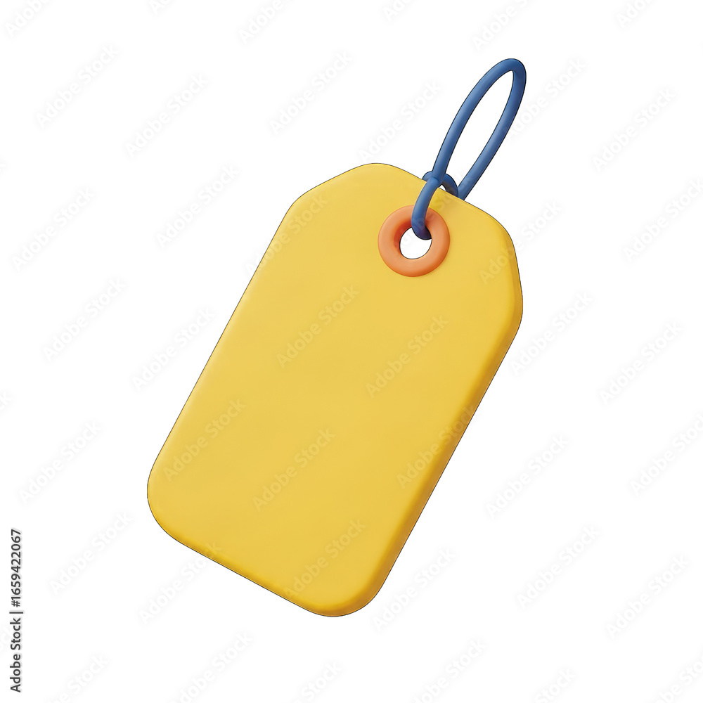 Poster yellow plastic tag with blue loop on transparent background 3d render style