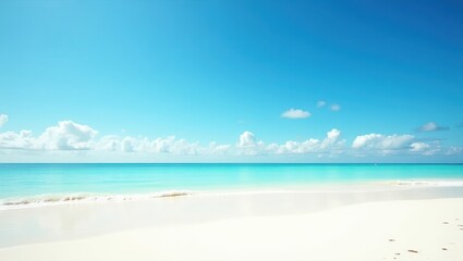 Obraz premium A serene beach scene featuring a tranquil turquoise ocean, a vast expanse of white sand, and a brilliant azure sky filled with fluffy cumulus clouds.