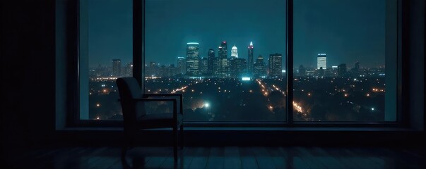 An empty chair sits beside a dimly lit window, overlooking a cityscape at night; a sense of profound solitude and isolation pervades the scene , departure, stillness, twilight