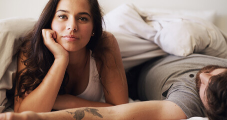 Couple, morning and portrait of woman in bed for resting, comfortable and relax on weekend. Dating,...