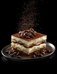 Tiramisu slice, dusted with cocoa