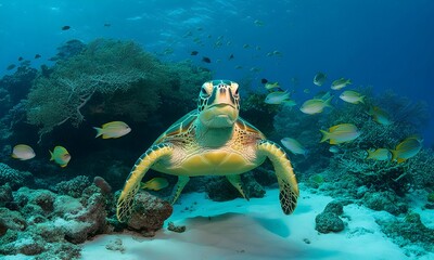 Swimming Sea Turtle Underwater with Fish Near Coral Reef