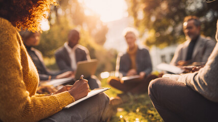 Outdoor group session taking notes in a circle — team-building, workshop in nature and collaborative working.