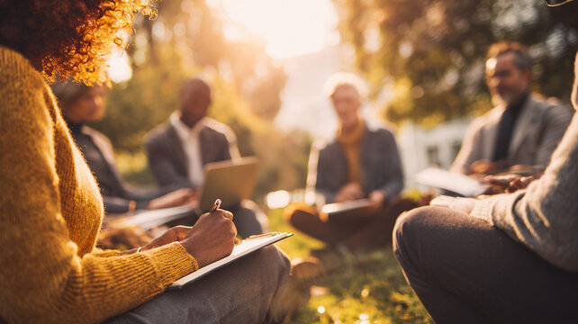 Outdoor group session taking notes in a circle — team-building, workshop in nature and collaborative working. - Powered by Adobe