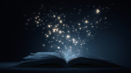 A magical and awe-inspiring shot of a handful of small, glowing stars floating up from the blank pages of an open book. The image represents the concepts of dreams, hope, and infinite possibilities.