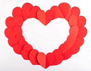 Red paper hearts forming a large heart shape on a white background