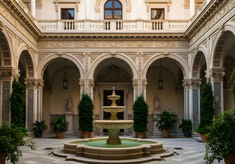 Explore the serene beauty of a classic courtyard with fountain and architectural details today