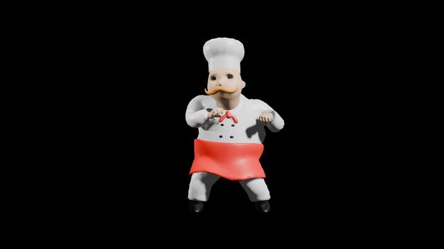 3d render chef dancing silly dance. prores 4444