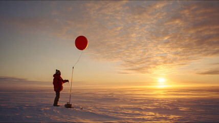 Researcher with a red weather balloon on a snowy plain at sunrise — field atmospheric measurements and launch preparation.