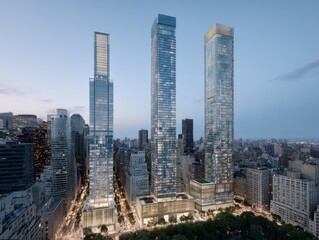 Fototapeta premium Three modern skyscrapers in a city skyline at dusk