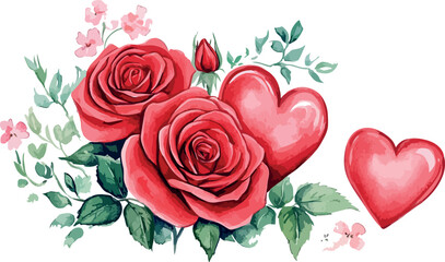 Beautiful watercolor illustration of vibrant red roses and romantic hearts for valentine s day