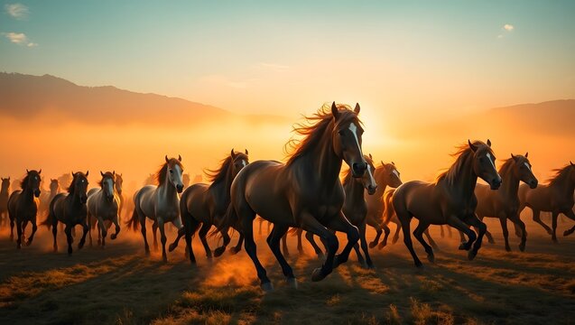 A herd of horses running across a field with mountains in the background at sunset or sunrise - Powered by Adobe