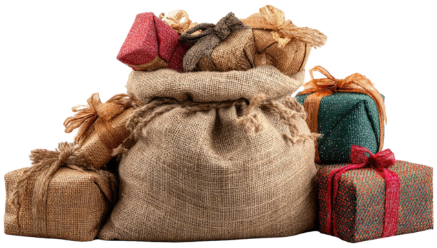 A large burlap sack overflowing with wrapped gifts, various colors and textures