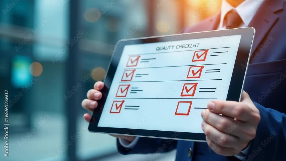 Poster a person in a business attire holding a tablet with a checklist, suitable for use in presentations a