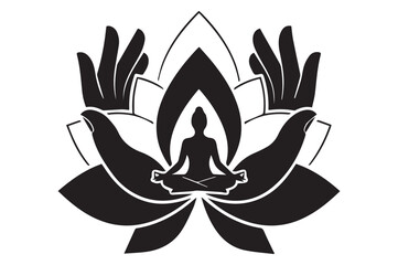 Meditative Yoga Pose within Lotus Flower and Hands Symbolizing Wellness and Inner Peace Black and White Design