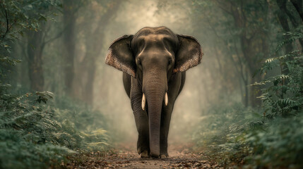 Fototapeta premium The elephant walking in the middle of forest , king of the jungle mood , vintage color tone.