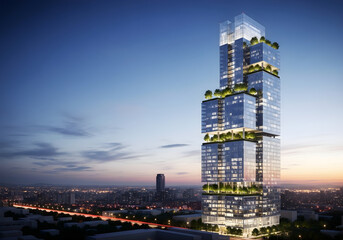Modern architecture skyscraper design high rise building with green spaces and city skyline view