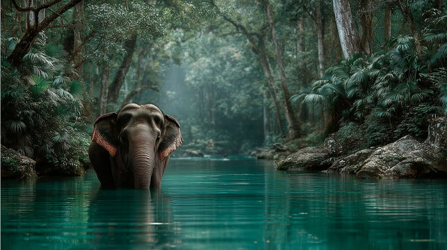The elephant walking in the river , beautiful green forest background.