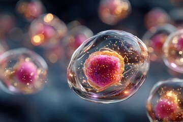 3D Rendering of Human Stem Cells with Pink Nuclei
