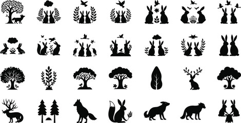 Nature silhouette set with rabbits, birds, trees, and forest scenes for seasonal, educational, and decorative use