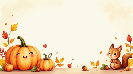 Fototapeta premium watercolor wallpaper with cheerful woodland animal squirrel, surrounded by colorful leaves and pumpkin along the bottom border.