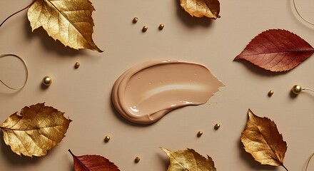 Naklejka premium Autumn-Themed Skincare Cream with Leaves and Decorative Gold Accents