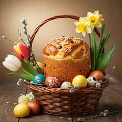 Easter bread with colorful eggs and flowers in a woven basket  