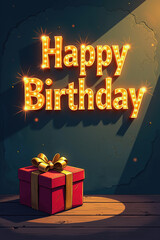 Fototapeta premium Large golden letters with lights shine brightly on a dark teal wall behind a red gift box wrapped with gold ribbon, on a wooden table with a spotlight shining down.