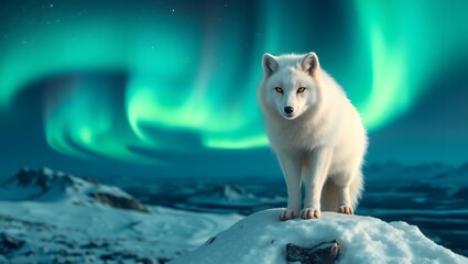 A white wolf standing on a snowy peak under the northern lights in a winter landscape scene view image