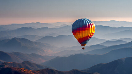 Fototapeta premium Single hot air balloon floating above mountains at sunset. Symbol of freedom, romance, and inspiration.