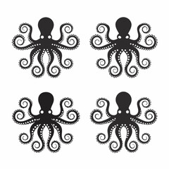 a set of four black octopuses with curled tentacles on white background