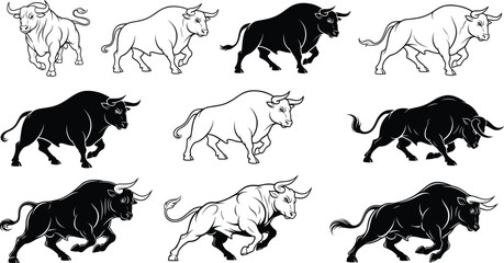 Naklejka premium Set of 12 bull silhouette icons in black and white featuring dynamic poses for design use