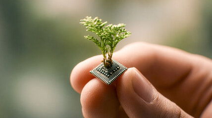 Tiny sprout on a microchip — a metaphor of merging biotechnology and sustainable digital solutions.