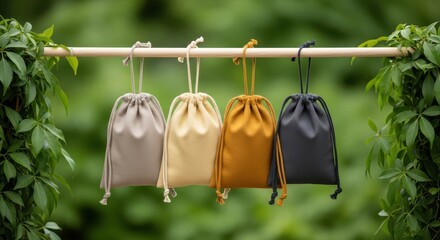 Four small fabric drawstring pouches in beige, gold, brown, and black colors hanging on a wooden stick with green leaves in the background