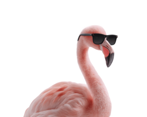 A flamingo wearing black sunglasses standing upright