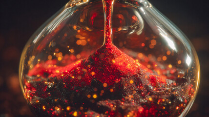 Macro hourglass with flowing red sand and sparkling particles — visualization of time, deadlines, ephemerality and conceptual metaphors.