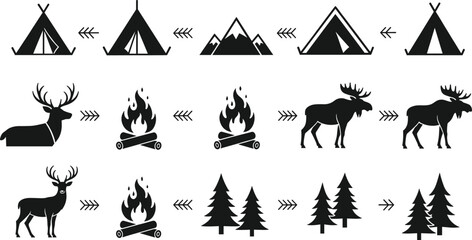 Set of 15 camping, wildlife, and nature silhouettes with directional arrows for outdoor design projects