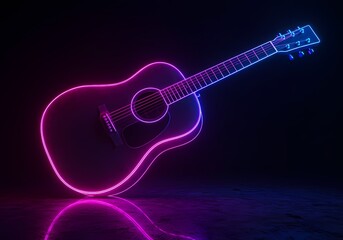 Naklejka premium Neon acoustic guitar glowing in pink and blue light on dark background 