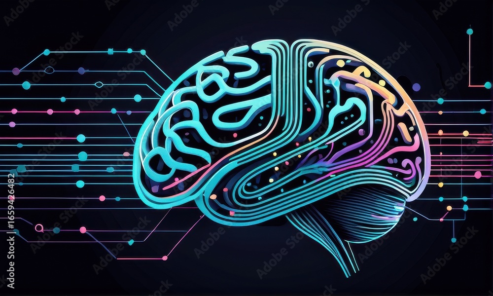 Aufkleber pixelated brain with colorful circuits abstract digital art