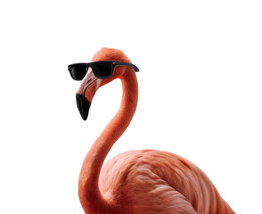 A flamingo wearing black sunglasses standing upright