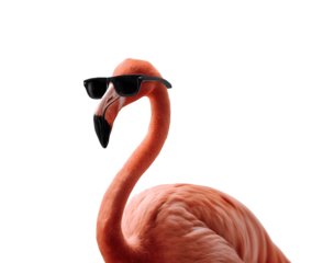 A flamingo wearing black sunglasses standing upright