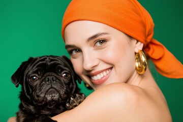 Woman with Orange Headscarf Holding Black Pug Dog
