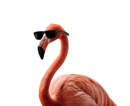 A flamingo wearing black sunglasses standing upright
