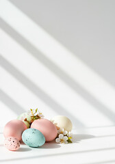 Colorful Easter eggs with flowers on white background and shadows  