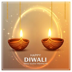 Two illuminated traditional clay diyas glowing warmly with a golden festive background celebrating diwali