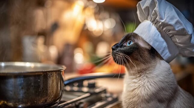 A Siamese cat chef cooks up a storm in the kitchen.